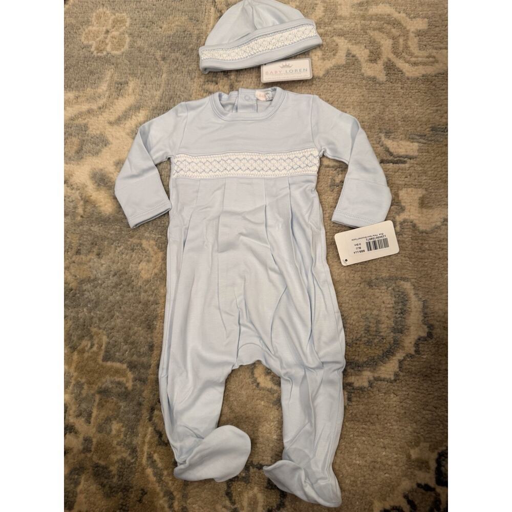 Baby Loren Blue Pima Cotton Smocked Footie & Hat Set 0-3 Months NWT